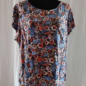 Rose & Thyme Women's Blue Floral Top Blouse Cap Sleeve Size 1x.
